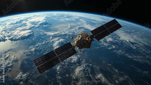 Satelite space station in orbit above planet Earth, space science