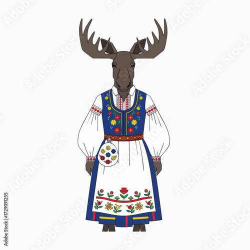 Moose in Traditional Swedish Folk Costume Illustration.