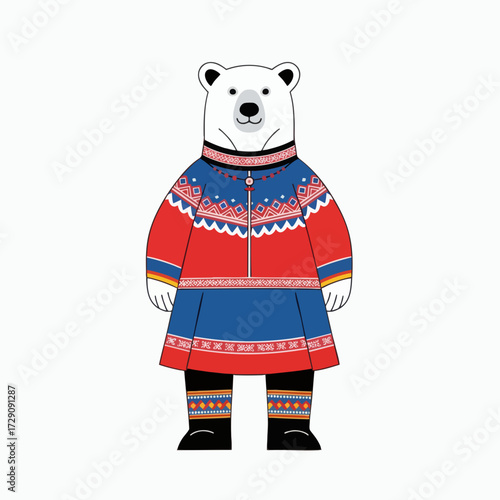 Polar Bear in Traditional Sami Costume Illustration.