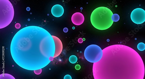 Vibrant spheres floating in a cosmic backdrop, neon futuristic space