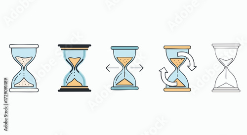 Set of hourglass icons showing different stages and styles of sand flowing through time.