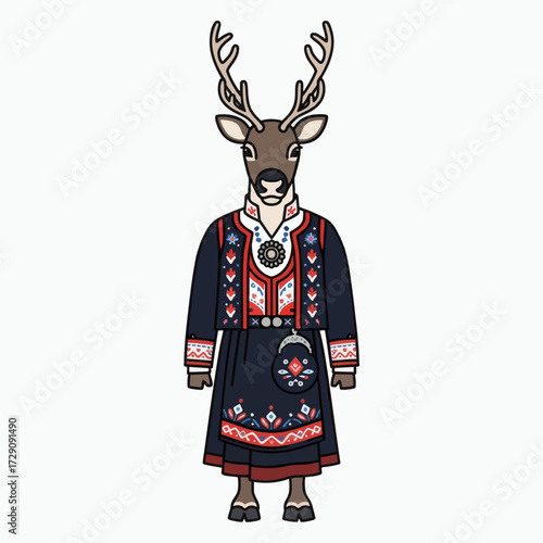 Reindeer in Traditional Sami Gakti Outfit Standing on White Background.