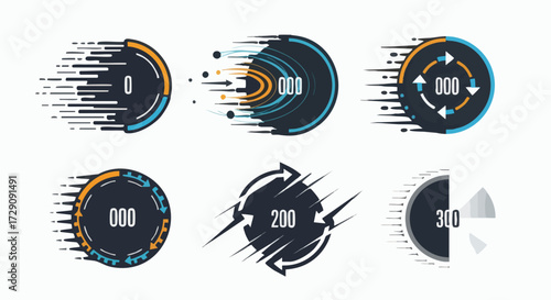 Set of six abstract speedometers and progress indicators with motion blur effect.