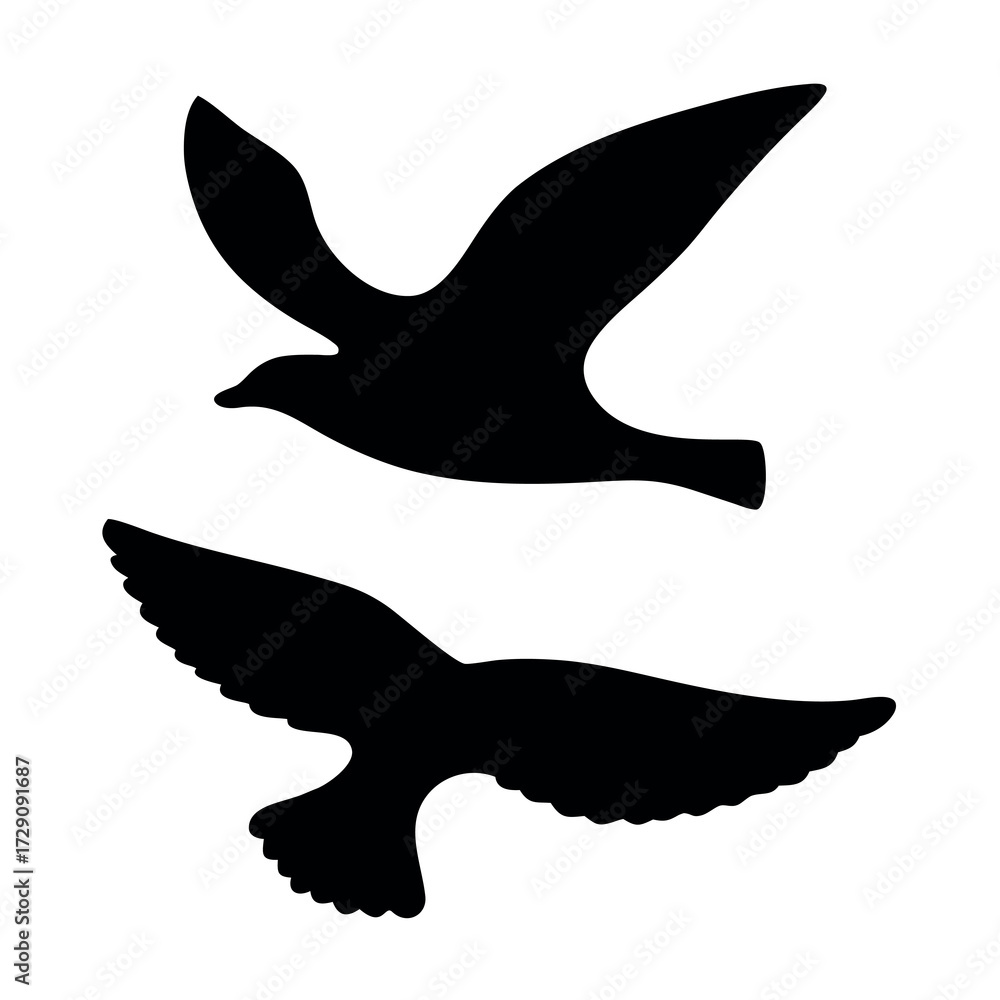 Fototapeta premium Two silhouetted birds in flight against a white background
