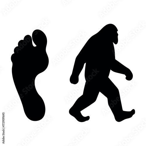 Silhouette of bigfoot and a large footprint on a white background