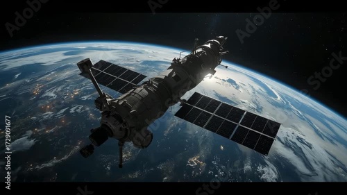 Satelite space station in orbit above planet Earth, space science