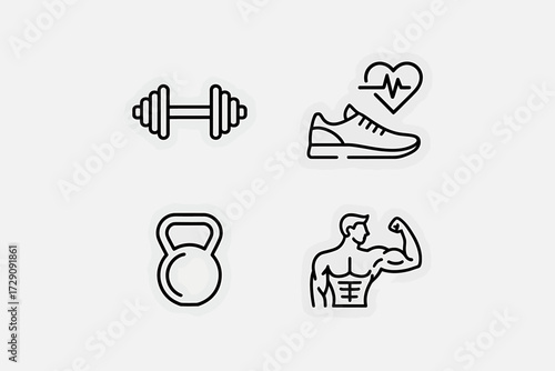 Fitness and Workout Icons Representing Healthy Lifestyle and Exercise for Strong Body and Mind Wellness Achieving Personal Goals