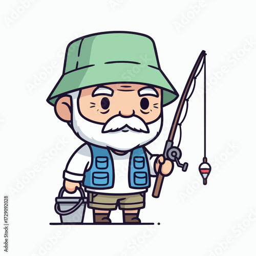 Charming Cartoon Fisherman with Bucket and Rod.