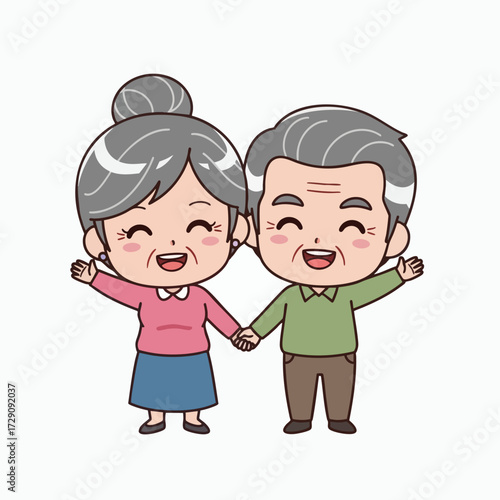 Cute Cartoon Elderly Couple Holding Hands and Smiling.