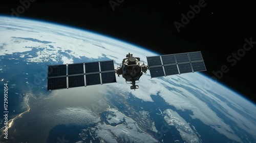 Satelite space station in orbit above planet Earth, space science