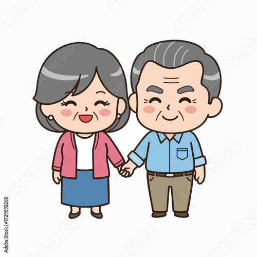 Cute Cartoon Elderly Couple Holding Hands Smiling Happily.
