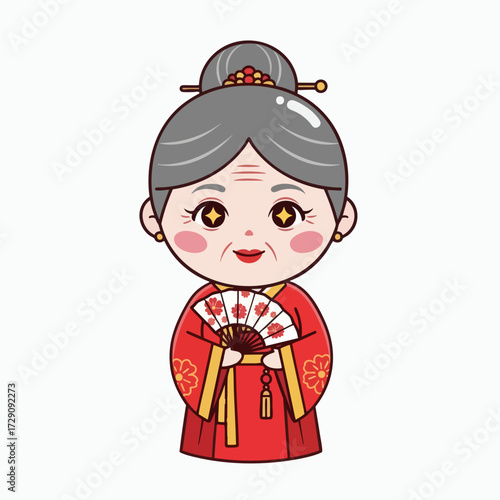 Cute Cartoon Character of an Elderly Asian Woman in Traditional Red Dress Holding a Fan.