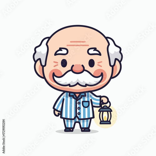 Cute Cartoon Grandfather in Pajamas Holding a Lantern.