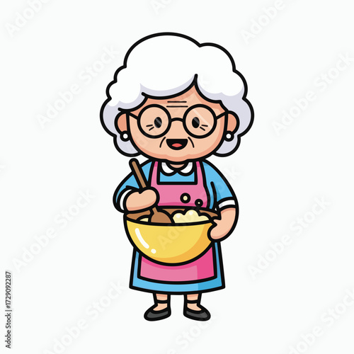 Cute Cartoon Grandma Baking with a Bowl and Spoon.