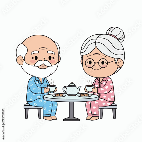 Cute Cartoon Elderly Couple Enjoying Tea Time Together.