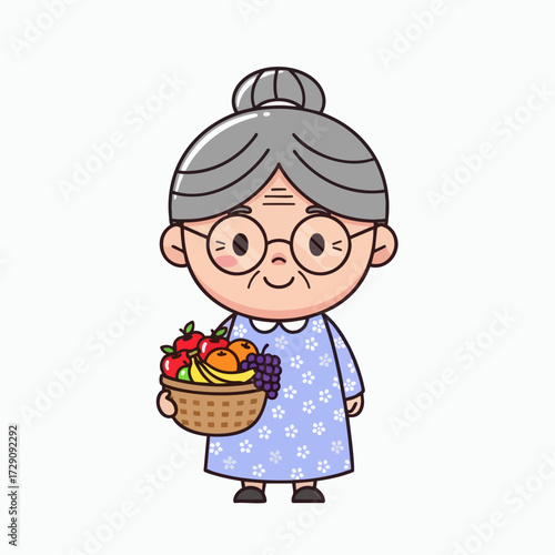 Cute Cartoon Grandma Holding a Basket of Fresh Fruits.