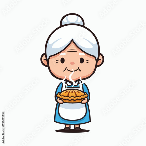Cute Cartoon Grandma Holding a Freshly Baked Pie.