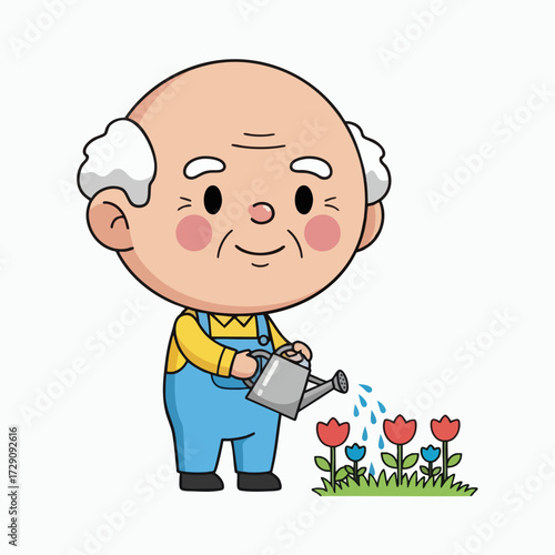 Cute Cartoon Old Man Watering Flowers in a Garden.