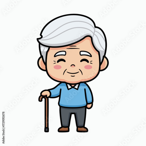 Cute happy elderly man cartoon character with a walking stick.