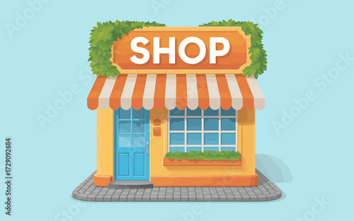 Cute cartoon shop building with striped awning and green bushes isolated on white background