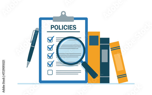 Policies and procedures review with magnifying glass isolated on white background