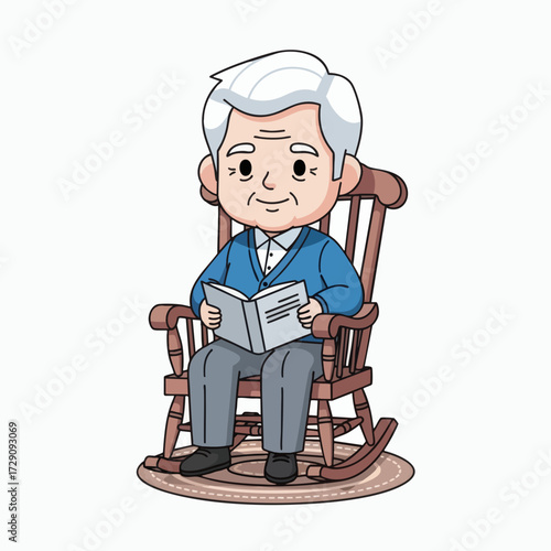 Elderly Man Reading Book in Rocking Chair.