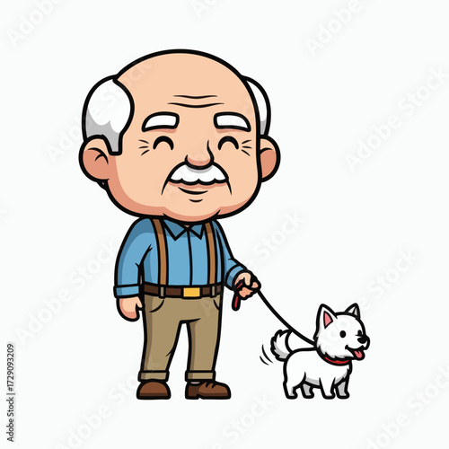 Elderly Man Walking His Small White Dog on a Leash.