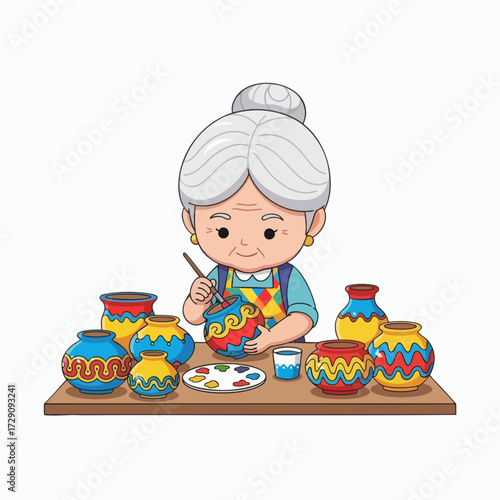 Elderly Woman Engaged in Pottery Painting as a Hobby.