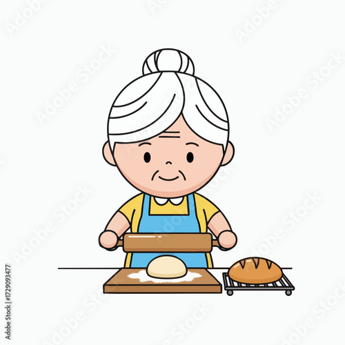 Grandma Baking Bread with Rolling Pin.