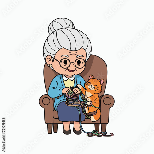 Grandma Knitting with Playful Cat.