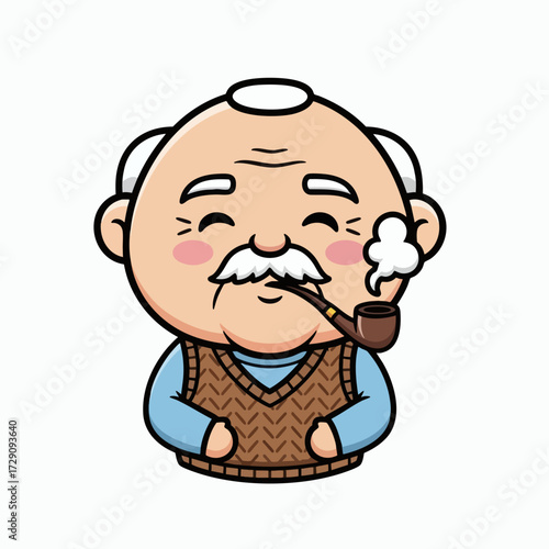 Happy Elderly Man Smoking Pipe Cartoon Illustration.