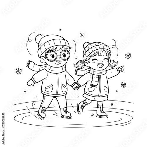 Children kids ice skating winter snow season outline illustration