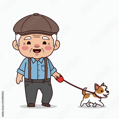 Happy elderly man walking his small dog cartoon illustration.