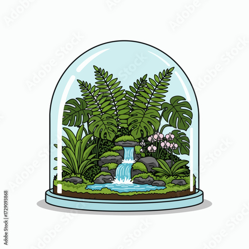 Lush Green Terrarium with Waterfall and Tropical Plants.