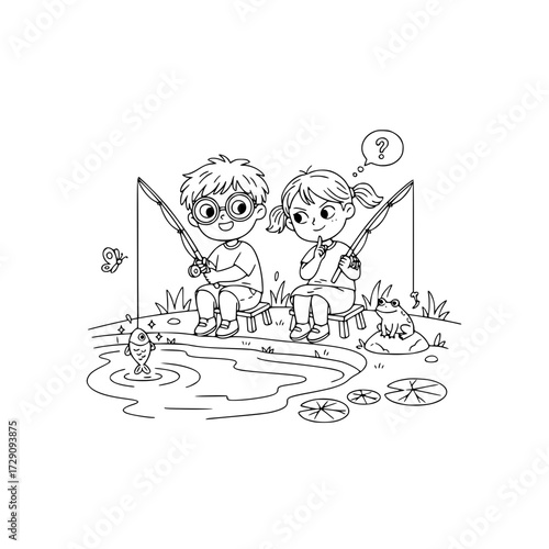 Children kids fishing pond coloring book outline illustration