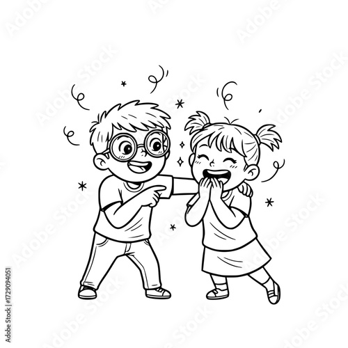 Children kids brother teasing sister laughing playful outline illustration