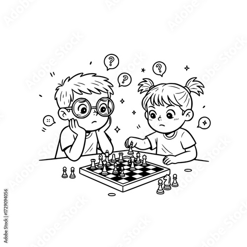 Kids playing chess board game strategy outline illustration