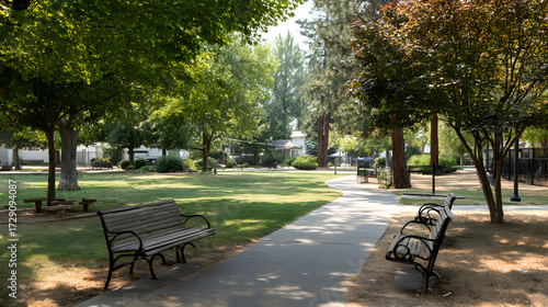 Fototapeta Naklejka Na Ścianę i Meble -  Sunny park pathway with benches and lush green trees on a summer day