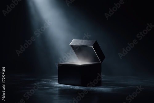 a mysterious black box with an open lid, emitting light from the inside on a dark background. 