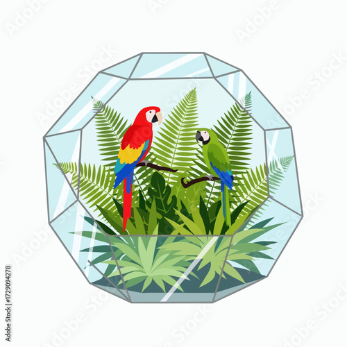 Two Colorful Parrots Perched in a Glass Terrarium with Lush Green Ferns.