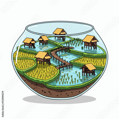 Rice Terraces and Huts in a Glass Bowl Terrarium.
