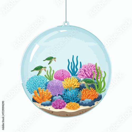 Vibrant Underwater Coral Reef Ecosystem with Sea Turtles in a Glass Sphere.