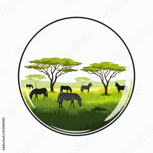 Zebras grazing in a vibrant African savanna landscape with acacia trees under a clear sky.