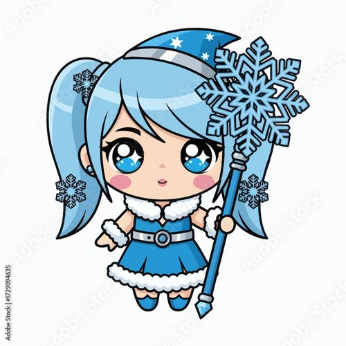 Cute Anime Winter Girl with Snowflake Staff.