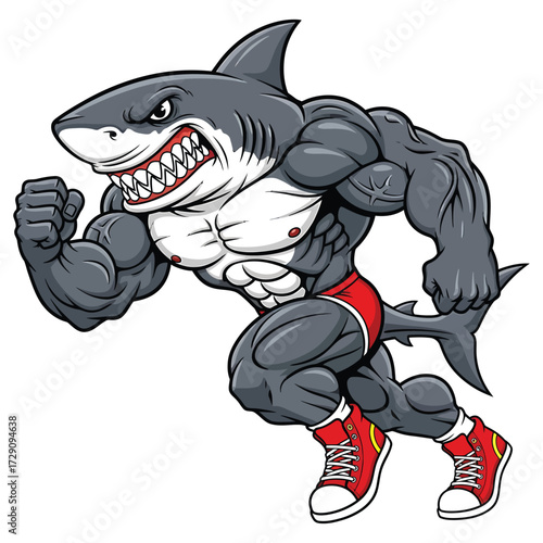 Muscular cartoon shark running with sneakers and a determined expression