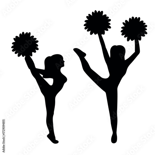 Silhouettes of two cheerleaders performing dynamic kicks with pom poms