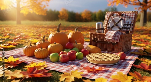 A cozy autumn picnic scene with pumpkins, apples, and a pie on a blanket in the park.