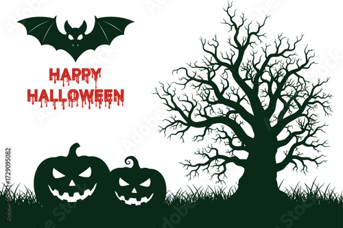 A vector illustration featuring classic Halloween imagery. The scene includes a silhouetted spooky tree, two grinning jack-o'-lanterns, a flying bat