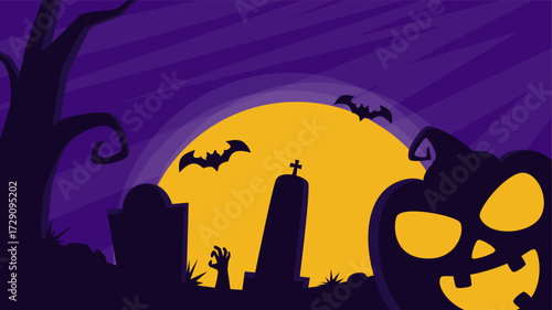 Landscape silhouette illustration of midnight graveyard with bats, raising hand, and creepy pumpkin against purple sky with yellow full moon, perfect for celebrate October events like Halloween.