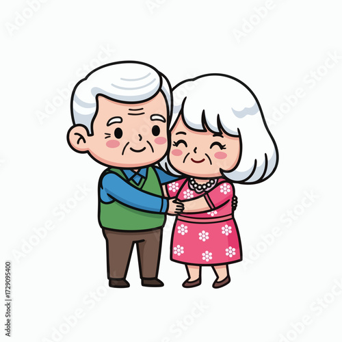 Cute Cartoon Grandparents Embracing Each Other with Love and Affection.